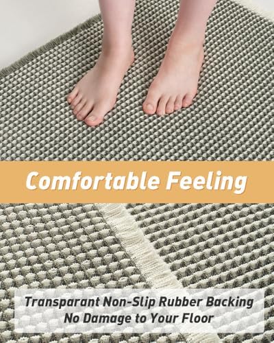 AMOAMI Upgraded Waffle Runner Rug Super Absorbent Non Slip Bath Mats for Bathroom Machine Washable Bathroom Runner Rug with Tassels, Ideal for Hallway Bedroom Laundry Room, 2' x 5', Green & Cream