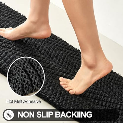 Sunfly Long Black Bathroom Rug, Waffle Bath Mat Non-Slip Washable Super Absorbent Quick Dry, Boho Farmhouse Bathroom Runner Decor 24"x60" Black