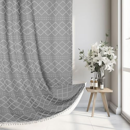 Siiluminisoy Extra Long Boho Grey Shower Curtain with Tassels 72 x 84, Tufted Chevron Striped Chenille Woven Fabric Cloth Shower Curtain Modern Farmhouse Minimalist, Shabby Chic Textured for Bathroom