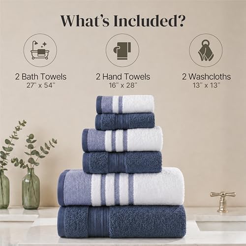 Modern Threads 6 Piece Bath Towel Set – Bathroom Towel Set with 2 Bath Towels, 2 Hand Towels & 2 Washcloths – 100% Cotton, Soft & Absorbent – Classic Border Stripe (Blue)
