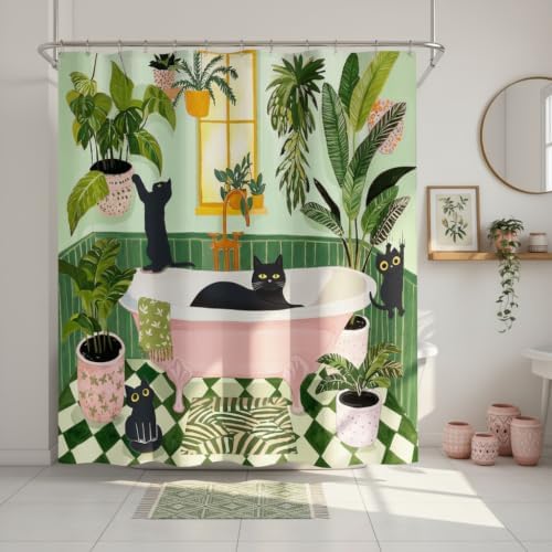 Funny Cat Shower Curtain for Bathroom Green 72x72 Inch