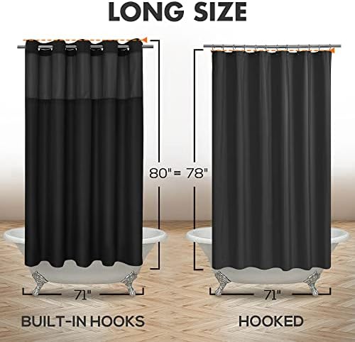 River Dream No Hook Long Shower Curtain with Snap-in Liner 71x80, Black