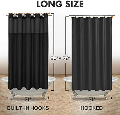 River Dream No Hook Long Shower Curtain with Snap-in Liner 71x80, Black