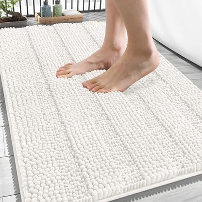 OLANLY Thick Bathroom Rugs 34x21, Soft Chenille Striped Bath Rugs, Ivory