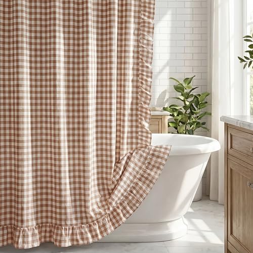 HunnmingRe Ruffled Gingham Shower Curtain Taupe