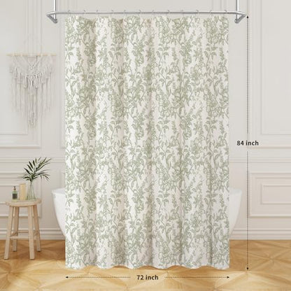 Sage Boho Linen Fabric Shower Curtain , Farmhouse Floral For Bathroom