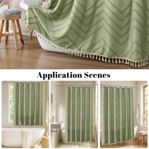 OWENIE Extra Long Light Green Boho Shower Curtain, Chic Tufted Chevron Striped Textured Fabric Cloth Shower Curtains with Tassel for Bathroom, Soft Hotel Style Farmhouse, Machine Washable, 72x84