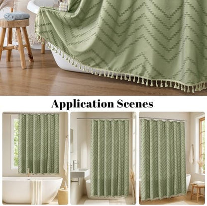OWENIE Boho Shower Curtain, Light Green Fabric Cloth Shower Curtains Farmhouse Tufted Chevron Striped Textured with Tassel for Bathroom, Soft Hotel Style Modern Minimalist, Machine Washable, 72x72