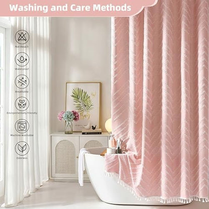 Siiluminisoy Extra Long Pink Boho Shower Curtain with White Tassel, Woven Fabric Cute Shower Curtain, Tufted Chevron Striped, 72 x 78, Modern Chic Textured Minimalist Bathroom Shower Curtain