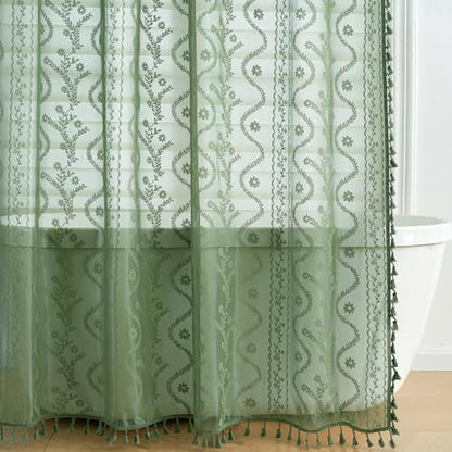 WAZZIO Dark Sage Green Lace Shower Curtain for Bathroom 72" W x 84" L, Victorian Farmhouse Floral Pattern Tassel Fancy Shower Curtain Boho Washable Cloth Decorative Bath Curtains,1 Panel