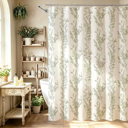 Sage Linen Farmhouse Shower Curtain, Boho Floral Bathroom 72x84