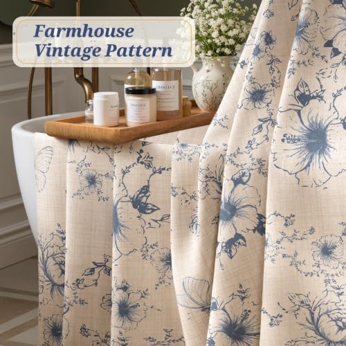 Vintage Blue Floral Shower Curtain with 12 Clear Rings - 72" W x 72" L