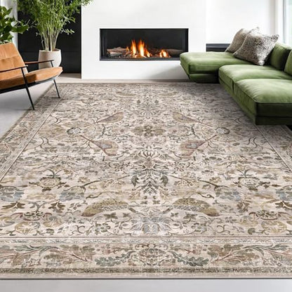 Floral 9x12 Large Area Rug for Living Room - Floral & Bird Soft Rugs for Bedroom,Non Slip Washable Carpet for Dining Room Under Table, Vintage Brown Taupe Indoor Décor, Low Pile Stain Resistant
