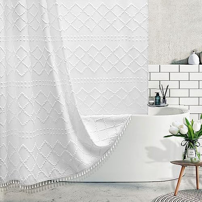 Extra Long White Textured Woven Fabric Boho Shower Curtain with Tassels 72 x 84 Modern Farmhouse Minimalist, Tufted Chevron Striped Shabby Chic, Water Resistant Cloth Curtain for Bathroom, Hotel Decor