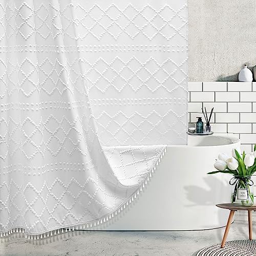 Extra Long White Textured Woven Fabric Boho Shower Curtain with Tassels 72 x 90 Modern Farmhouse Minimalist, Tufted Chevron Striped Shabby Chic, Water Resistant Cloth Curtain for Bathroom, Hotel Decor