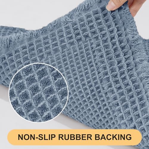Upgrade Waffle Bath Mat Set 3 Piece, Boho Bathroom Rugs Absorbent Non Slip, Soft Bathroom Mats, Machine Washable Knit Bath Rugs with Herringbones for Bathroom, Bedroom, Kitchen, Shower, Tub, Blue
