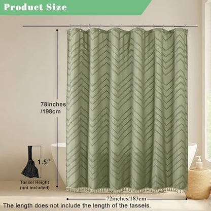 OWENIE Light Green Fabric Shower Curtain, Boho Shower Curtains for Bathroom Chic Tufted Chevron Striped Textured with Tassel, Soft Hotel Style Farmhouse, Machine Washable, 72x78, Light Green
