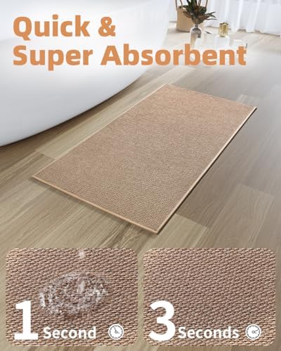 PADOOR Non-Slip Bath-Mats for Bathroom, Rubber-Backing Braided Absorbent Bathroom Mat Machine Washable Thin Bathroom Rugs Fit Under Door Quick Dry Bath Rugs for Floor, 24''x47'' Beige