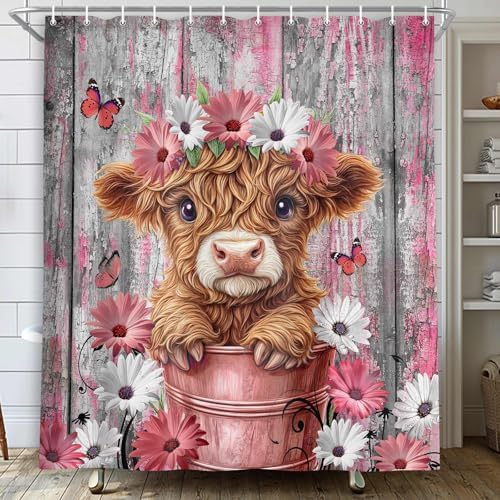 Funny Highland Cow Daisy Flower Shower Curtain, Rustic Wooden Barn Door Farm Animal Shower Curtain Set Farmhouse Western Bath Curtain Modern Cattle Bull Bathroom Accessories Home Decor 70X70in