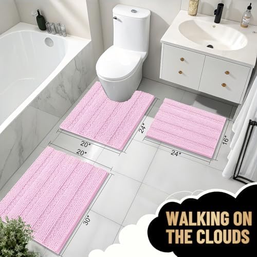 OLANLY Thick Bathroom Rugs 30x20, Soft Chenille Striped Bath Rugs, Pink