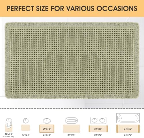 IM HOME Waffle Bath Mat Green 36"x24", Boho Woven Modern Bath Mat Rugs, Absorbent Non Slip Bathroom Rugs, Soft Washable Bath Rugs with Tassels for Bedroom, Kitchen, Shower, Tub
