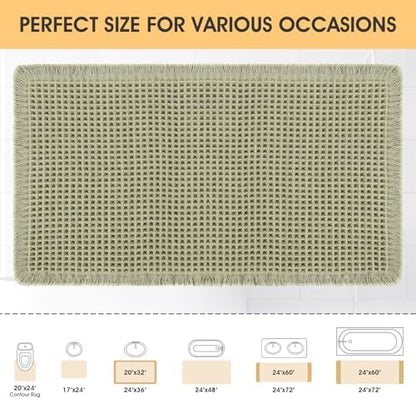 IM HOME Waffle Bath Mat Green 36"x24", Boho Woven Modern Bath Mat Rugs, Absorbent Non Slip Bathroom Rugs, Soft Washable Bath Rugs with Tassels for Bedroom, Kitchen, Shower, Tub