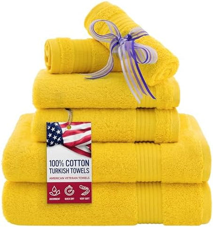 American Veteran Towel, 6 Piece Towel Set for Bathroom, 100% Cotton Turkish Bathroom Towels, 2 Bath Towels 2 Hand Towels 2 Washcloths, Yellow
