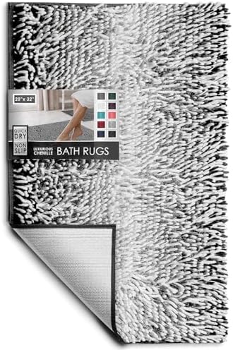 Hearth & Harbor Bathroom Rugs, Chenille Bath Mat - Machine Washable Bath Mats for Bathroom Non-Slip Backing Rubber, Quick Dry Bathroom Mat, 20 x 32 - Ombre Black