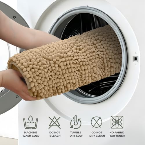 Bcoimo Bath Rug Mat,30x20 Chenille Non Slip Tan Bathroom Floor Shower Mats