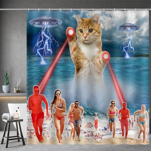 Aimego Funny Cat Shower Curtains for Bathroom - Cute Cool Ocean Cat with Weird Adults Beach UFO Fun Bath Shower Curtain Set with 12 Hooks for Adults Kids Bathroom Decor Accessories, 72"x72"