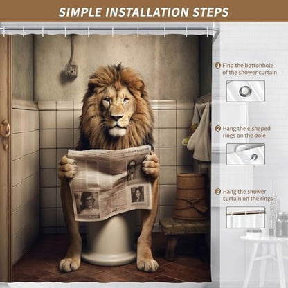 Farmhouse Funny Lion Shower Curtain for Bathroom 72W*72H Inch Brown Humor Animal Reading on Toilet Bathtub Decor Boho Western Country Animal Waterproof Polyester Fabric Set with 12 Hooks