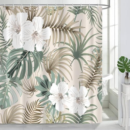 Tropical Shower Curtain for Bathroom, Green Palm Tree Flower Plant Boho Leaf Banana Monstera Sage Beige Shower Curtains Set, Fabric Bathroom Accessories with Hooks