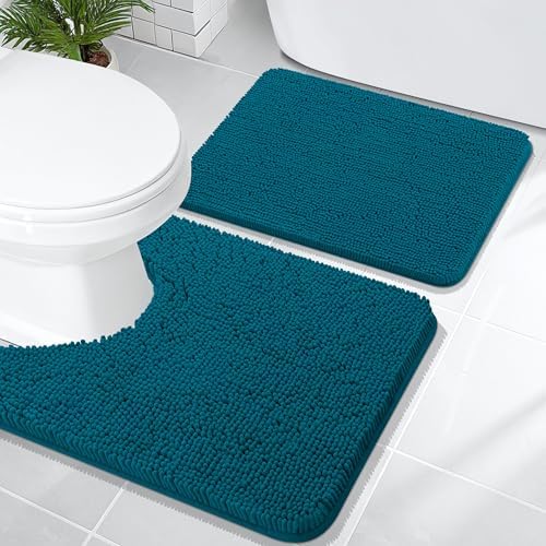 OLANLY Chenille Bathroom Rugs Sets 2 Piece, 24"x16"+24"x20", Peacock Blue