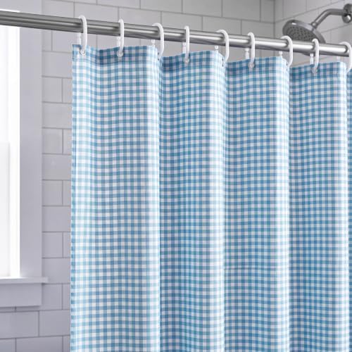 HunnmingRe Ruffle Hem Gingham Shower Curtain Light Blue