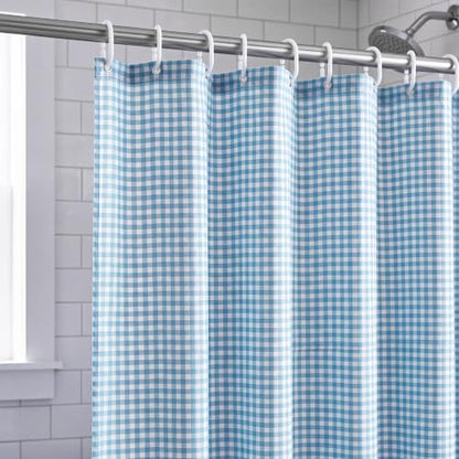 HunnmingRe Ruffle Hem Gingham Shower Curtain Light Blue