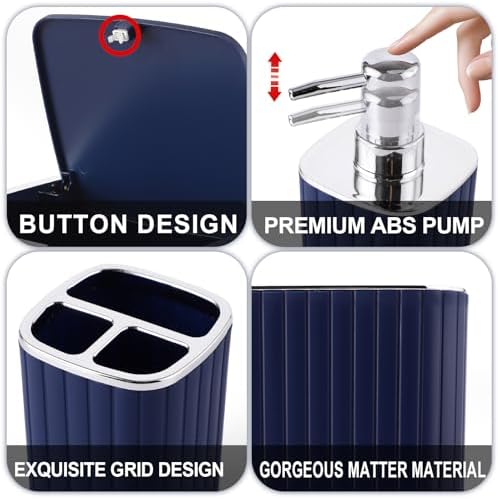 XLHOMO Navy Blue Bathroom Accessories Set - Gorgeous Bathroom Set, 10PC Bathroom Accessory Set, Toilet Brush, Trash Can, Qtip Holder & Soap Dispenser