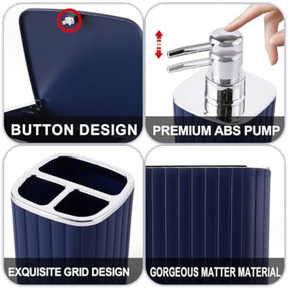 XLHOMO Bathroom Set with Shower Curtain and Rugs- 25PC Bathroom Accessory Set, Navy Blue Shower Curtain Set, Toilet Brush, Trash Can, Qtip Holder & Soap Dispenser