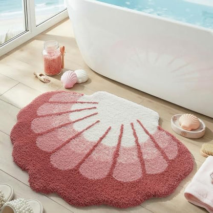 DEXI Cute Seashell Bath Mat, Coastal Scallop Bathroom Rug, 38x30 Pink