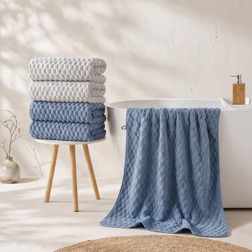 REDKISS Microfiber Bath Towels of 4-27x55 Inches Bath Towel Large, Highly Absorbent Towels for Bathroom, Quick Drying, Super Soft, Lint Free Fluffy Shower Towel for Gym, SPA, Gray, Blue