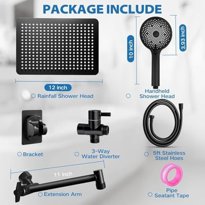 Shower Head,12”Rain Shower Head with Handheld Spray Combo with 11'' Angle Adjustable Extension Arm/Flow Regulator/Shower System,High Pressure Rainfall Shower Head Clean Bathroom,Matt Black