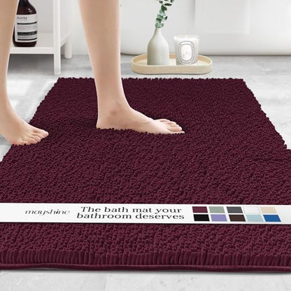 MAYSHINE Plush Shaggy Chenille Bath Mat | Extra Soft, Super Absorbent, Non-Slip Bathroom Rug | Fluffy Microfiber, Area Rug Sets for Bathroom Floor, Kitchen, Living Room | 47"x27" | Burgundy