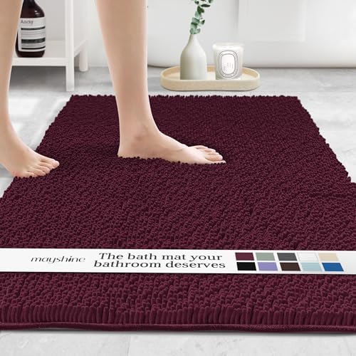 MAYSHINE Plush Shaggy Chenille Bath Mat | Extra Soft, Super Absorbent, Non-Slip Bathroom Rug | Fluffy Microfiber, Area Rug Sets for Bathroom Floor, Kitchen, Living Room | 59"x31" | Burgundy