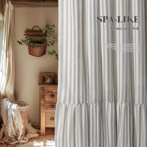 Farmhouse Shower Curtain Ruffle Linen Cream-Grey Stripe 72"W x 72"L