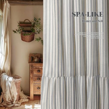 Farmhouse Shower Curtain Ruffle Linen Cream-Grey Stripe 72"W x 72"L