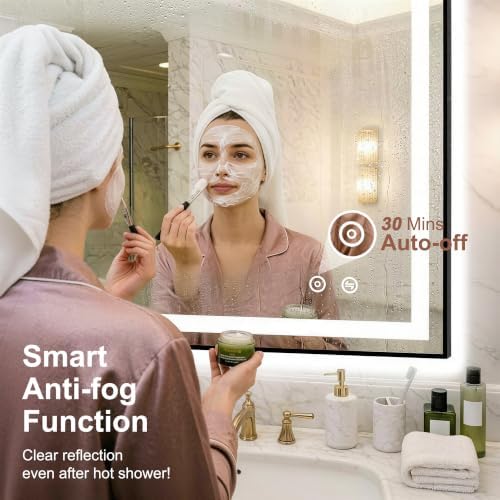 LED Bathroom Mirror with Lights, 24"x36" Black Framed Lighted Vanity Mirror