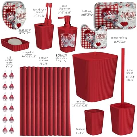 Clara Clark Christmas Bathroom Accessory Set - 22PC, Complete Set + Bath Rugs, Modern, Red & White, Polyester