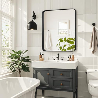 Black Bathroom Vanity Mirror Over Sink 26x28, Wall Mount Rectangle Mirror