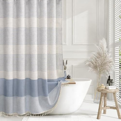 Light Blue Coastal Ocean Linen Striped Shower Curtain with Tassel 72W X 72L