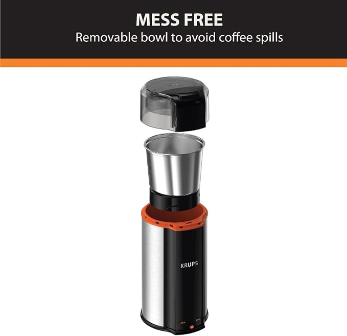 KRUPS: 3oz Coffee Grinder, Ultimate Silent Vortex Plastic and Stainless Steel Grinder with Removable Bowl Mess-Free, 8 Times Quieter, 2 Speeds 240 Watts,Dry Herbs,Dishwasher Safe,12 cups ground Silver