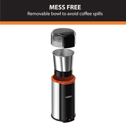 KRUPS: 3oz Coffee Grinder, Ultimate Silent Vortex Plastic and Stainless Steel Grinder with Removable Bowl Mess-Free, 8 Times Quieter, 2 Speeds 240 Watts,Dry Herbs,Dishwasher Safe,12 cups ground Silver